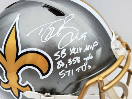 Drew Brees Autographed New Orleans Saints Flash Silver Full Size Authentic Speed Helmet "SB XLIV MVP, 80,358 Yards, 571 TDs" Beckett BAS QR Stock #197102