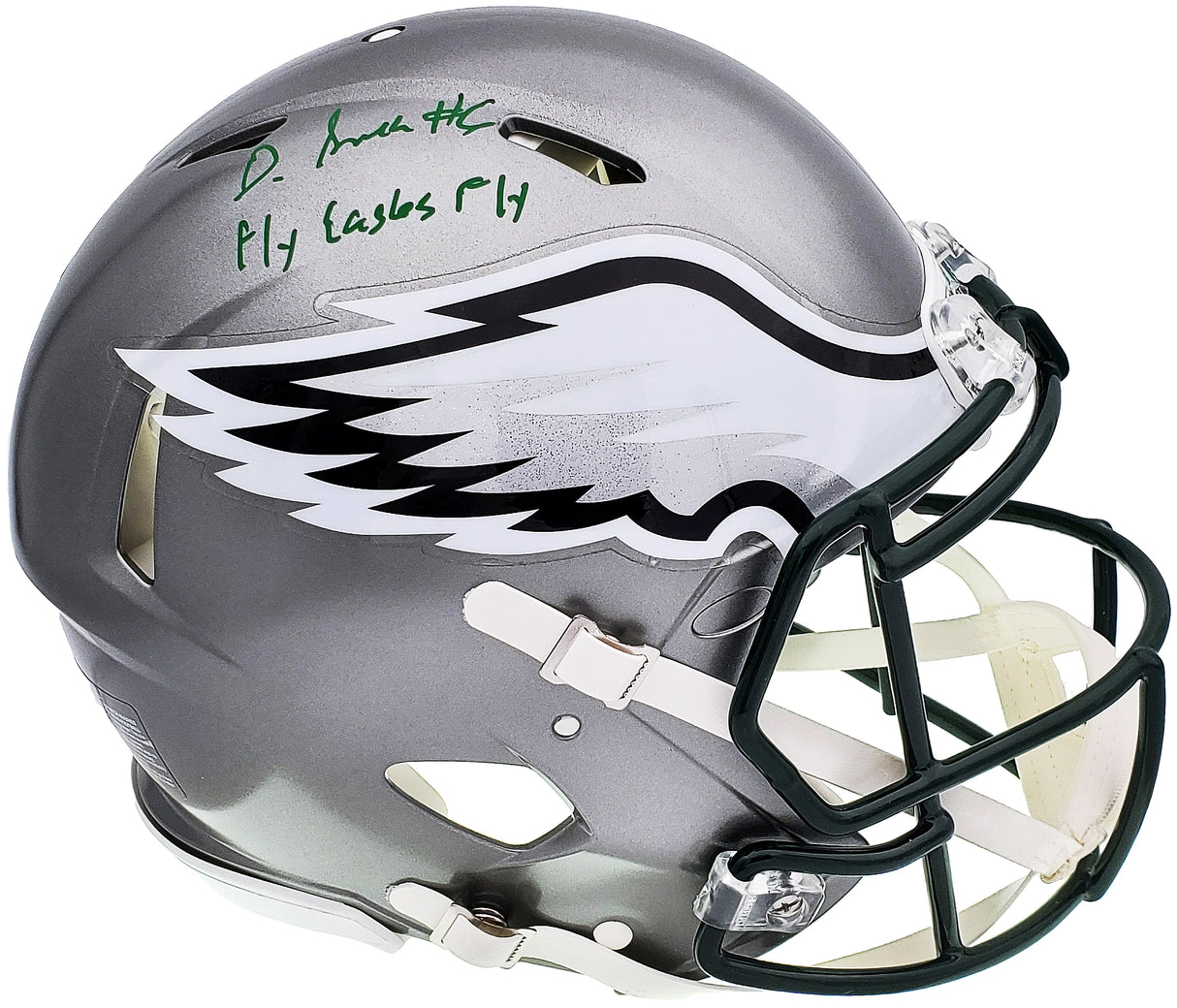 DeVonta Smith Autographed Philadelphia Eagles Flash Silver Full Size Authentic Speed Helmet "Fly, Eagles, Fly" Beckett BAS QR Stock #197109