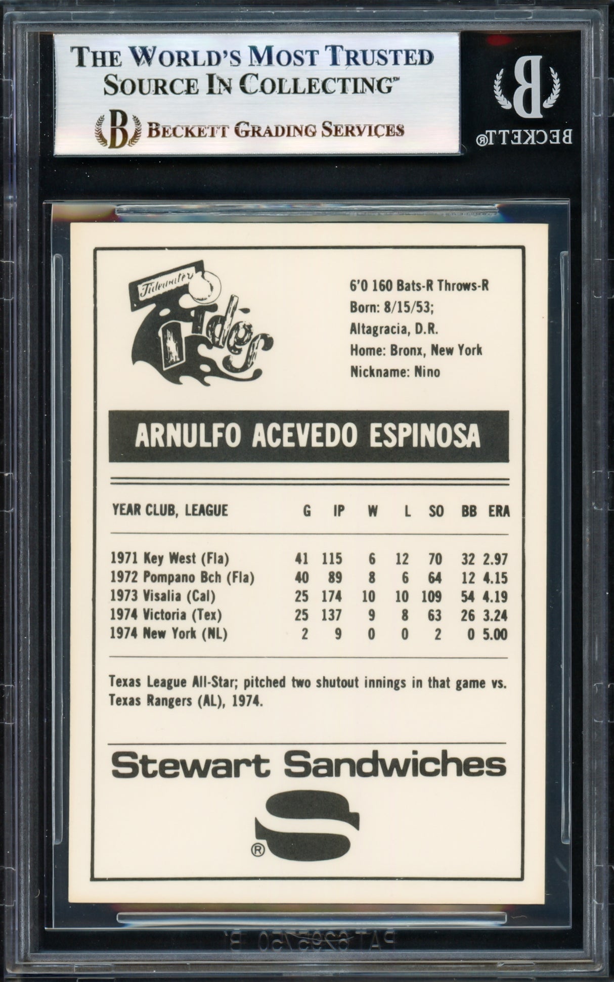 Nino Espinosa Autographed 1975 Stewart Sandwiches Rookie Card #10 Tidewater Tides Beckett BAS #17068947