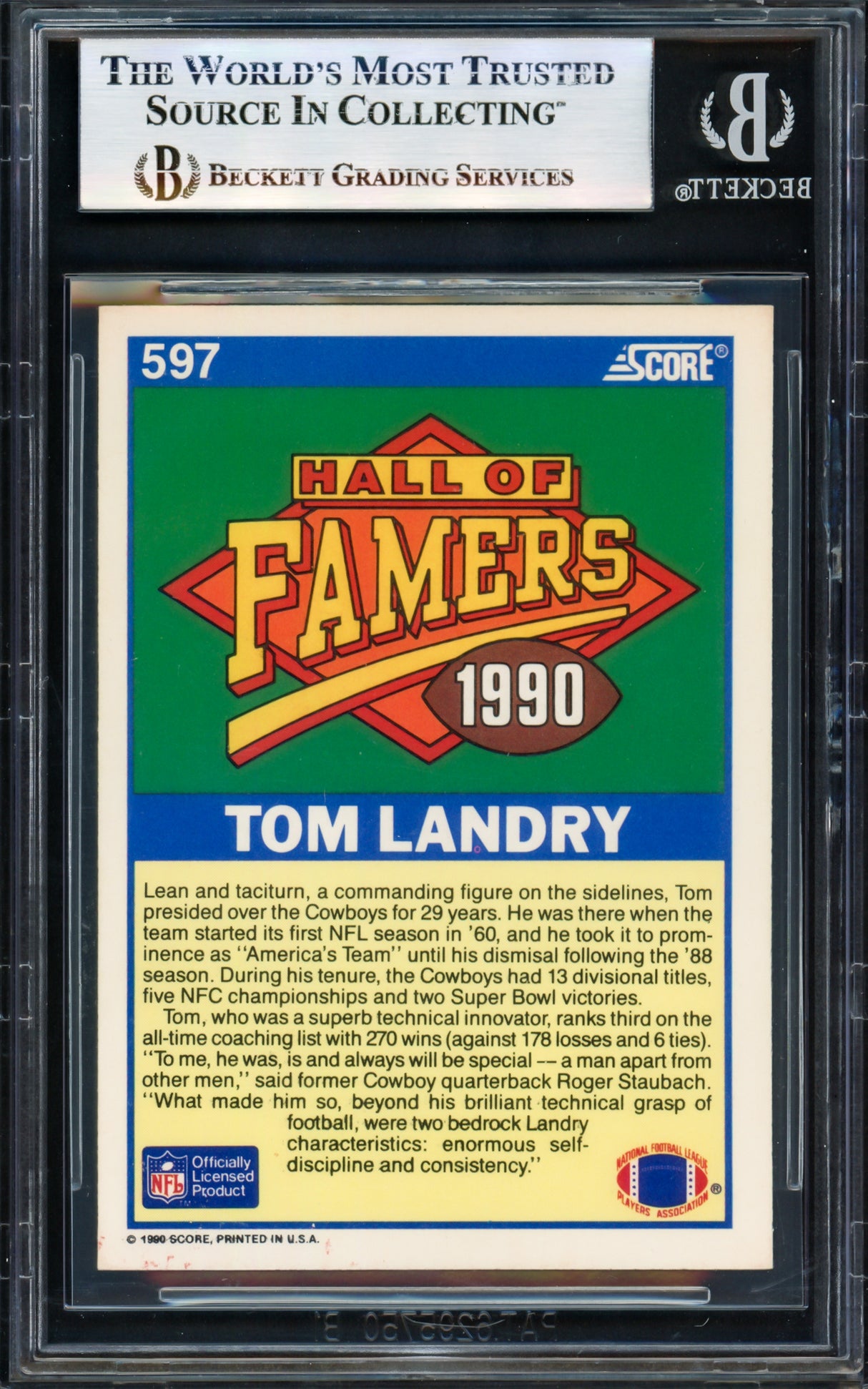 Tom Landry Autographed 1990 Score Card #597 Dallas Cowboys Beckett BAS #17069653