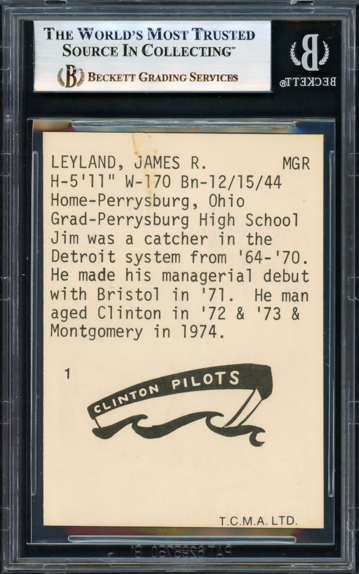 Jim Leyland Autographed 1975 TCMA Rookie Card #1 Clinton Pilots Beckett BAS #17069654