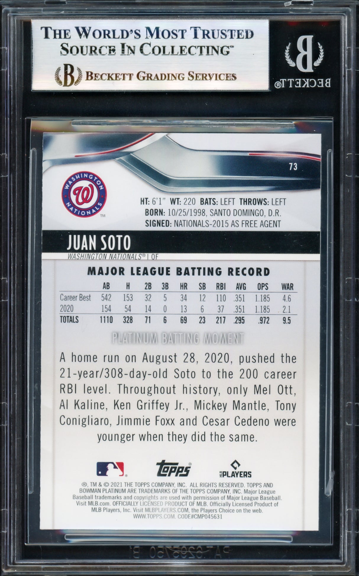 Juan Soto Autographed 2021 Bowman Platinum Card #73 New York Yankees Beckett BAS #17069733
