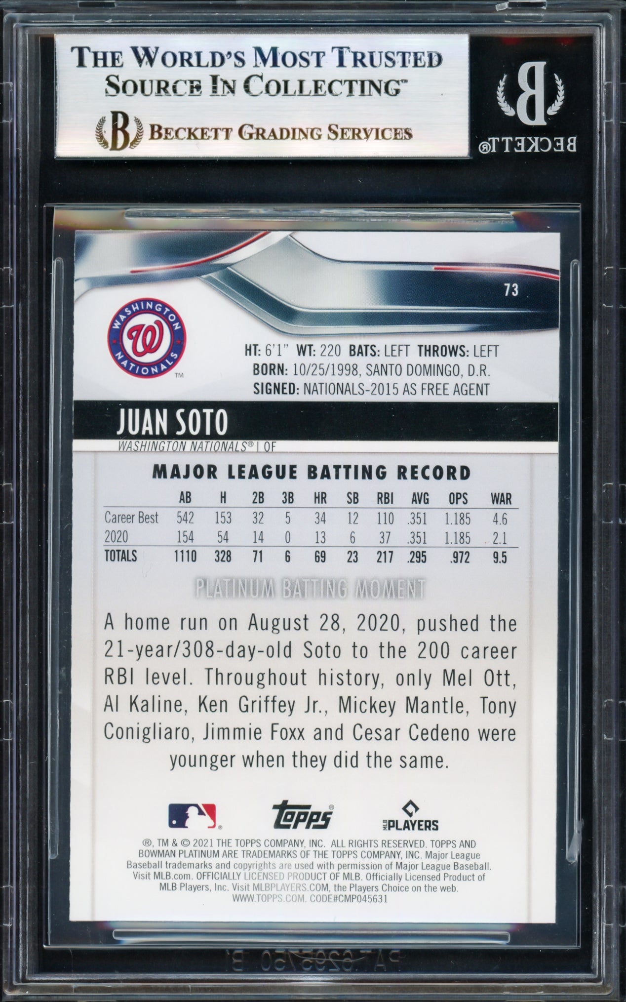 Juan Soto Autographed 2021 Bowman Platinum Card #73 New York Yankees Beckett BAS #17069733