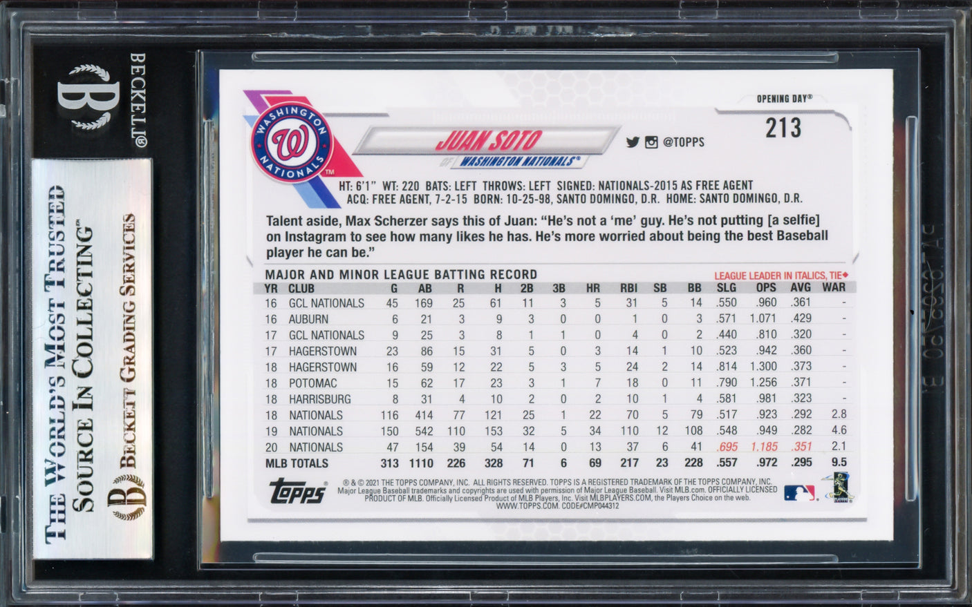 Juan Soto Autographed 2021 Topps Opening Day Card #213 New York Yankees Beckett BAS #17069738
