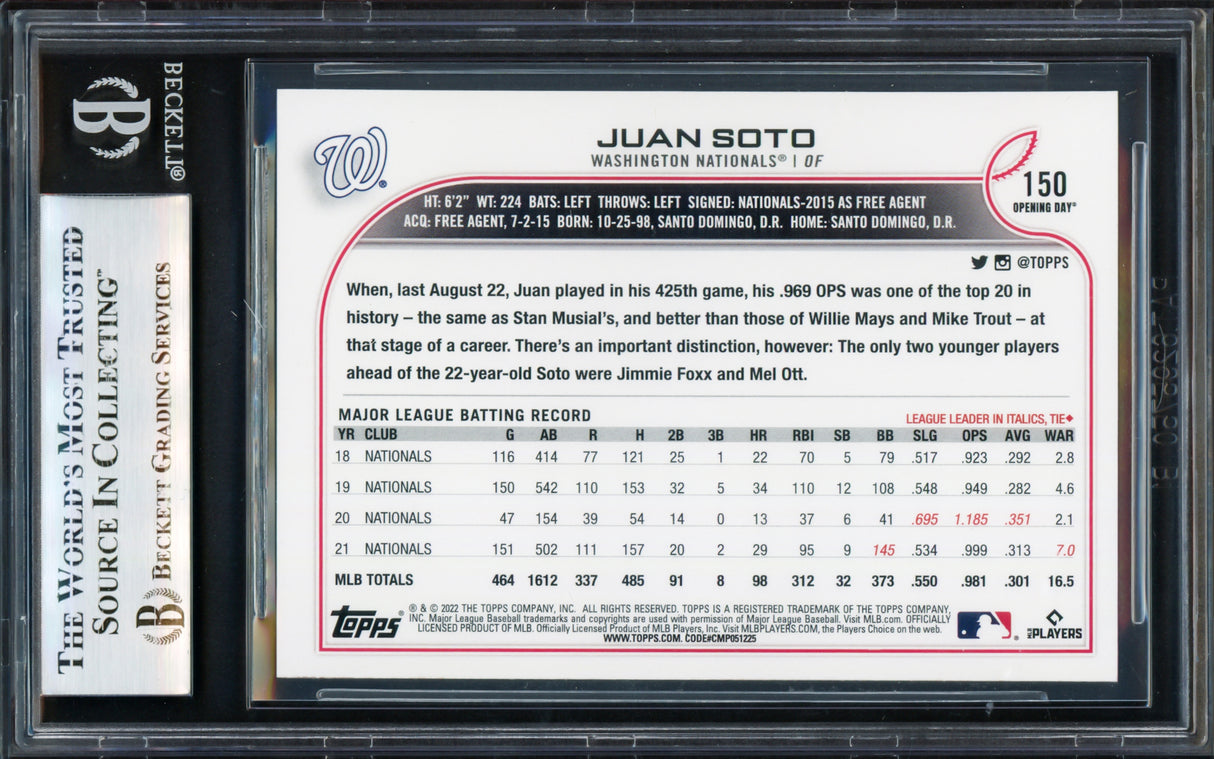 Juan Soto Autographed 2022 Topps Opening Day Card #150 New York Yankees Beckett BAS #17069747
