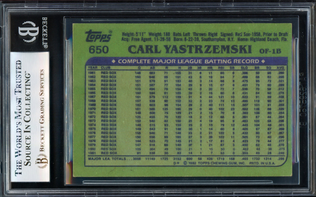 Carl Yastrzemski Autographed 1982 Topps Card #650 Boston Red Sox Beckett BAS #17070149
