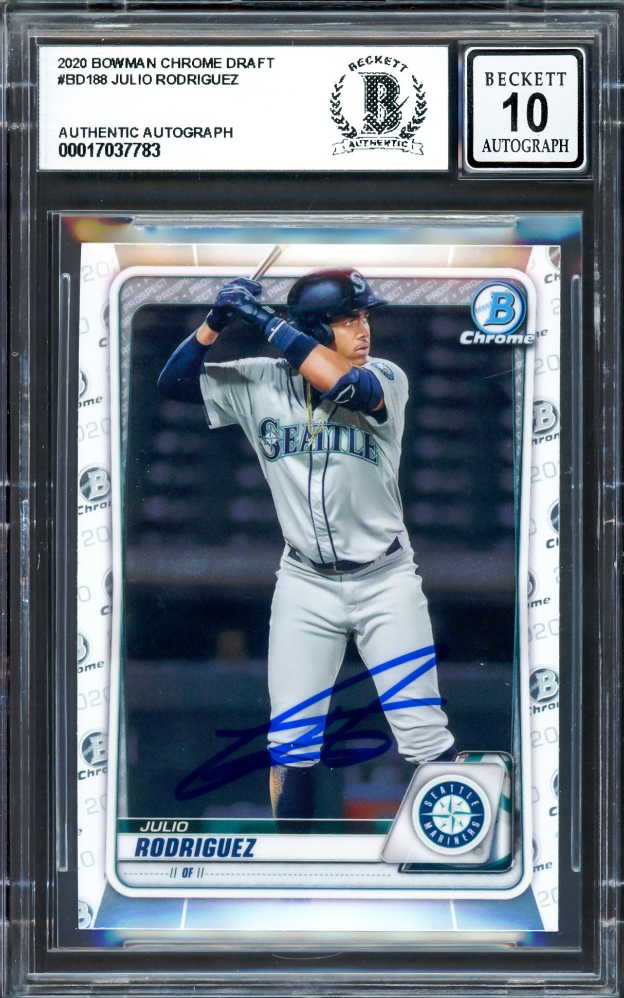 Julio Rodriguez Autographed 2020 Bowman Chrome Draft Rookie Card #BD188 Seattle Mariners Auto Grade Gem Mint 10 Beckett BAS #17037783