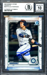 Julio Rodriguez Autographed 2020 Bowman Chrome Rookie Card #BCP175 Seattle Mariners Auto Grade Gem Mint 10 Beckett BAS #17037508