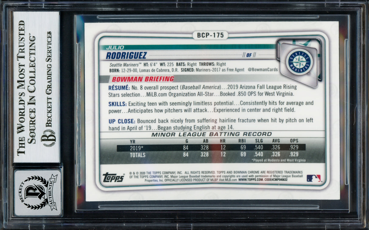 Julio Rodriguez Autographed 2020 Bowman Chrome Rookie Card #BCP175 Seattle Mariners Auto Grade Gem Mint 10 Beckett BAS #17037508