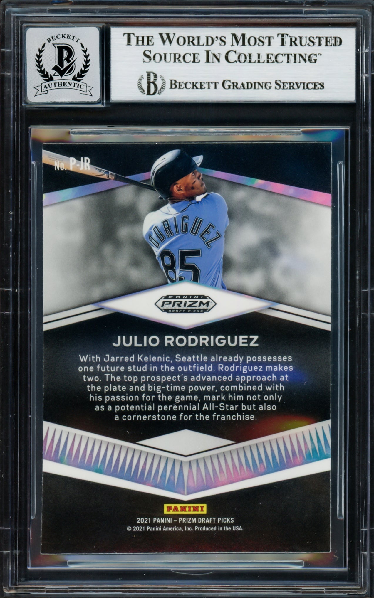 Julio Rodriguez Autographed 2021 Panini Prizm Prospects Rookie Card #P-JR Seattle Mariners Auto Grade Gem Mint 10 Beckett BAS #17037876