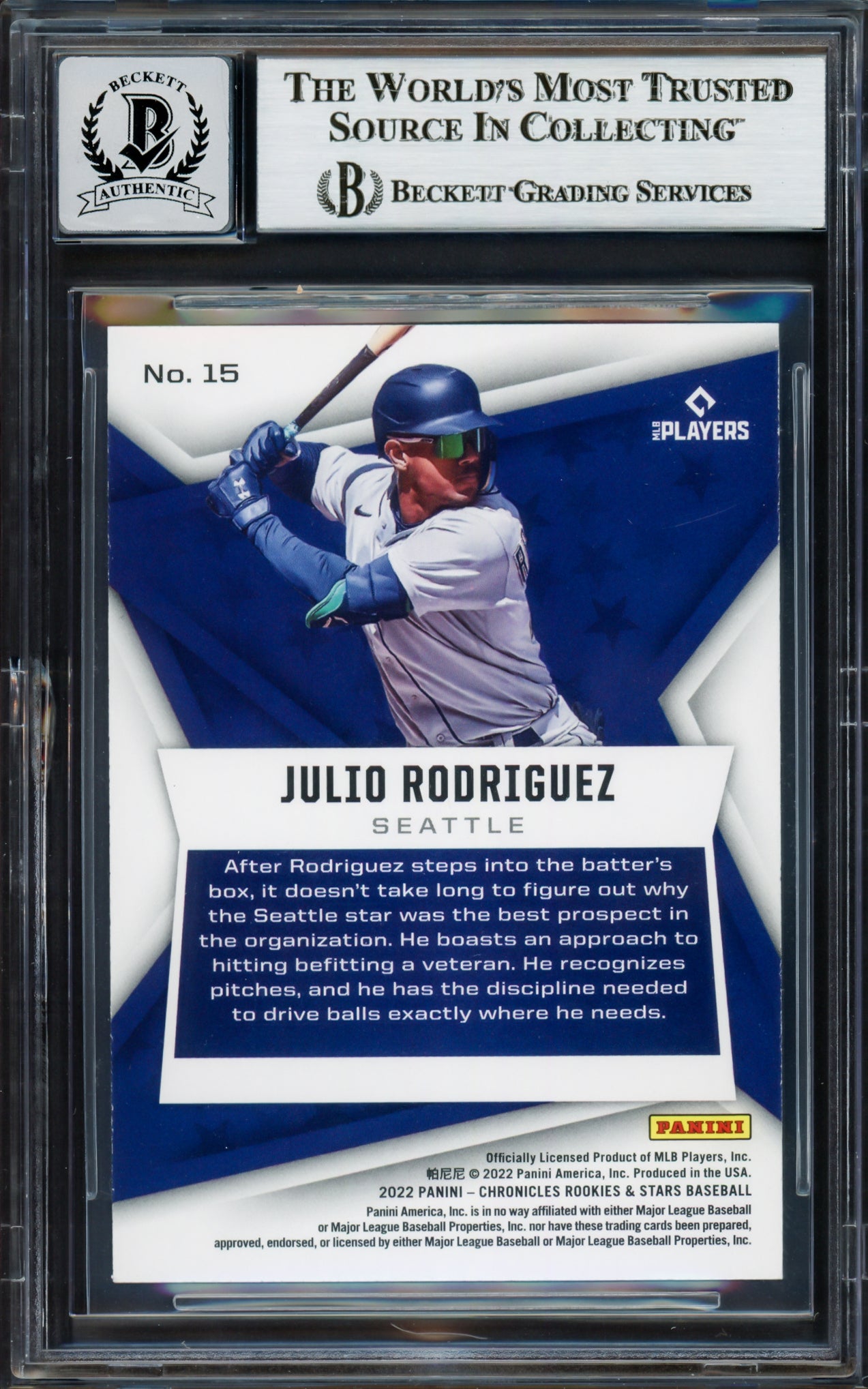 Julio Rodriguez Autographed 2022 Panini Rookies & Stars Rookie Card #15 Seattle Mariners Auto Grade Gem Mint 10 Beckett BAS #17037857