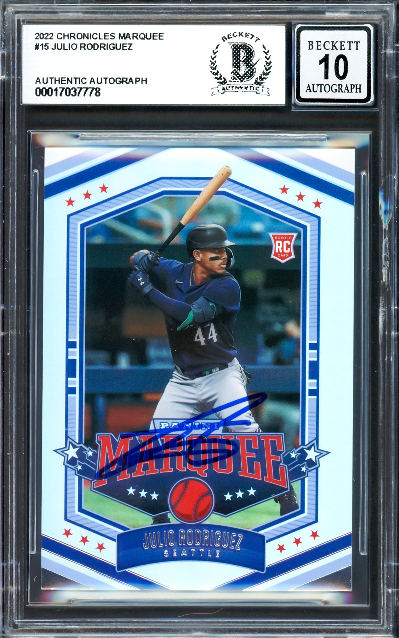 Julio Rodriguez Autographed 2022 Panini Marquee Rookie Card #15 Seattle Mariners Auto Grade Gem Mint 10 Beckett BAS #17037778