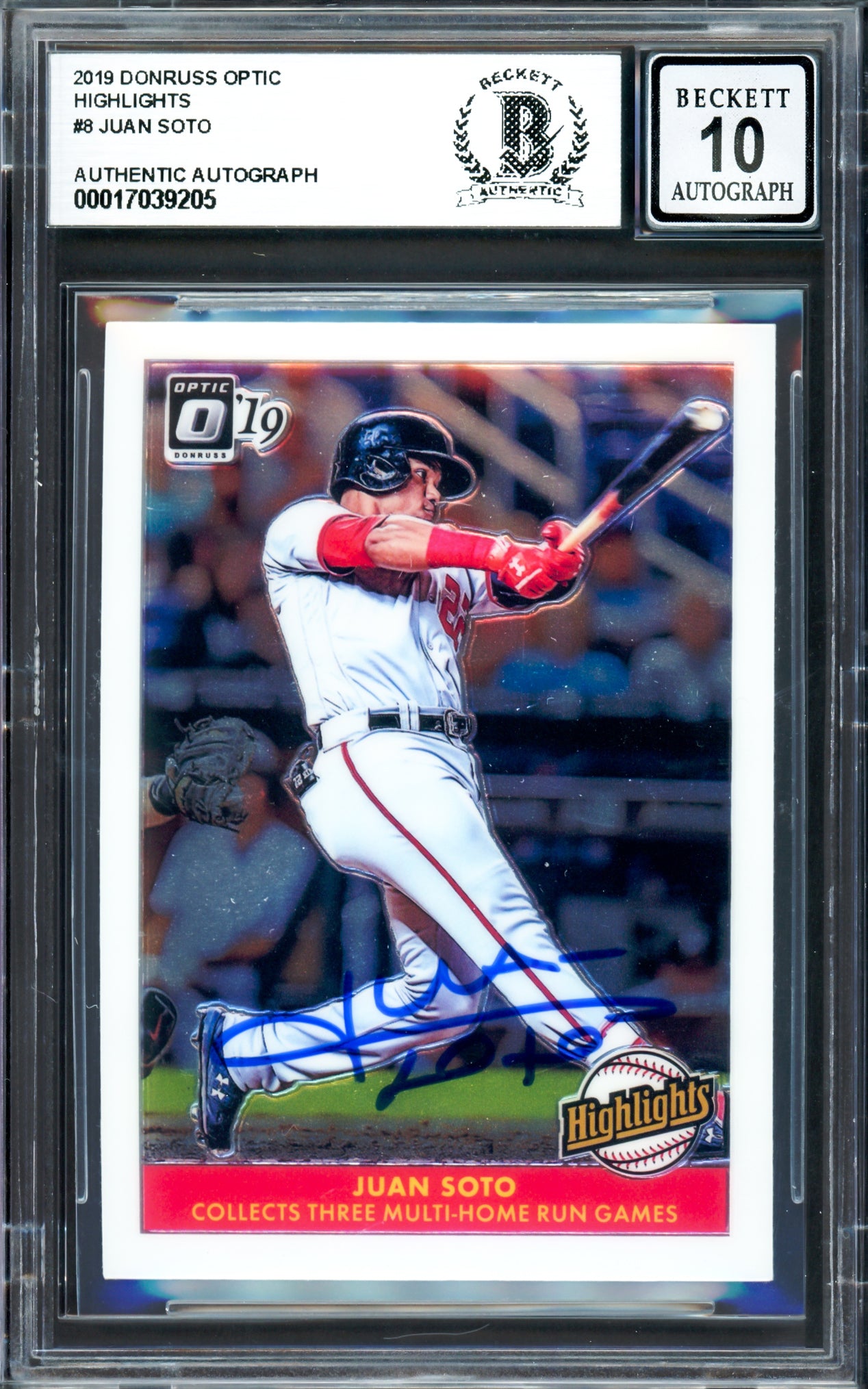 Juan Soto Autographed 2019 Donruss Optic Highlights Card #H8 New York Mets Auto Grade Gem Mint 10 Beckett BAS #17039205
