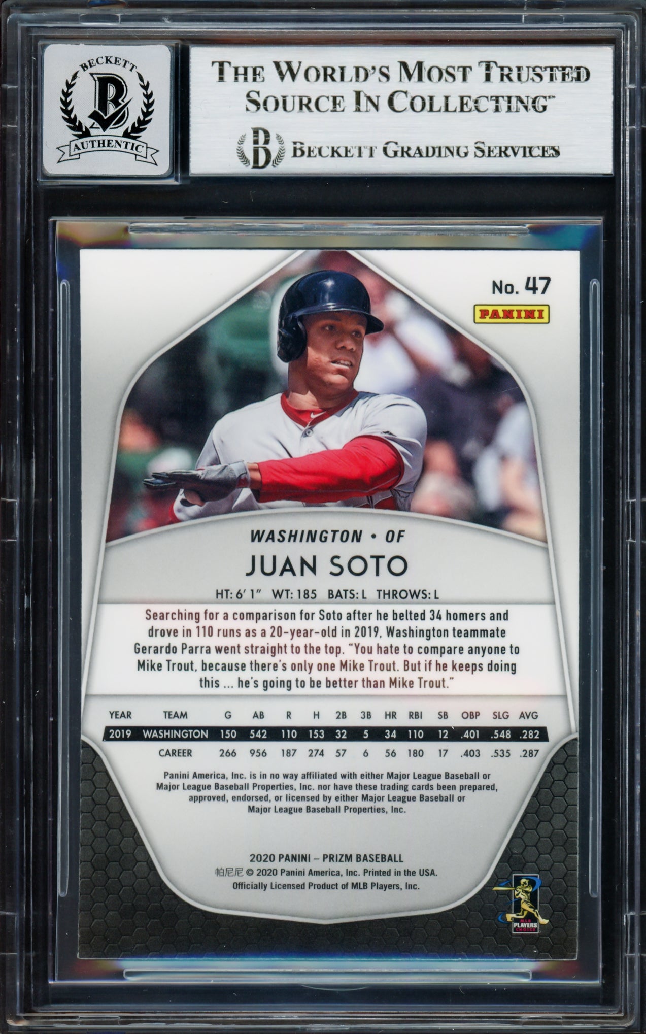 Juan Soto Autographed 2020 Panini Prizm Card #47 New York Mets Auto Grade Gem Mint 10 Beckett BAS #17039193