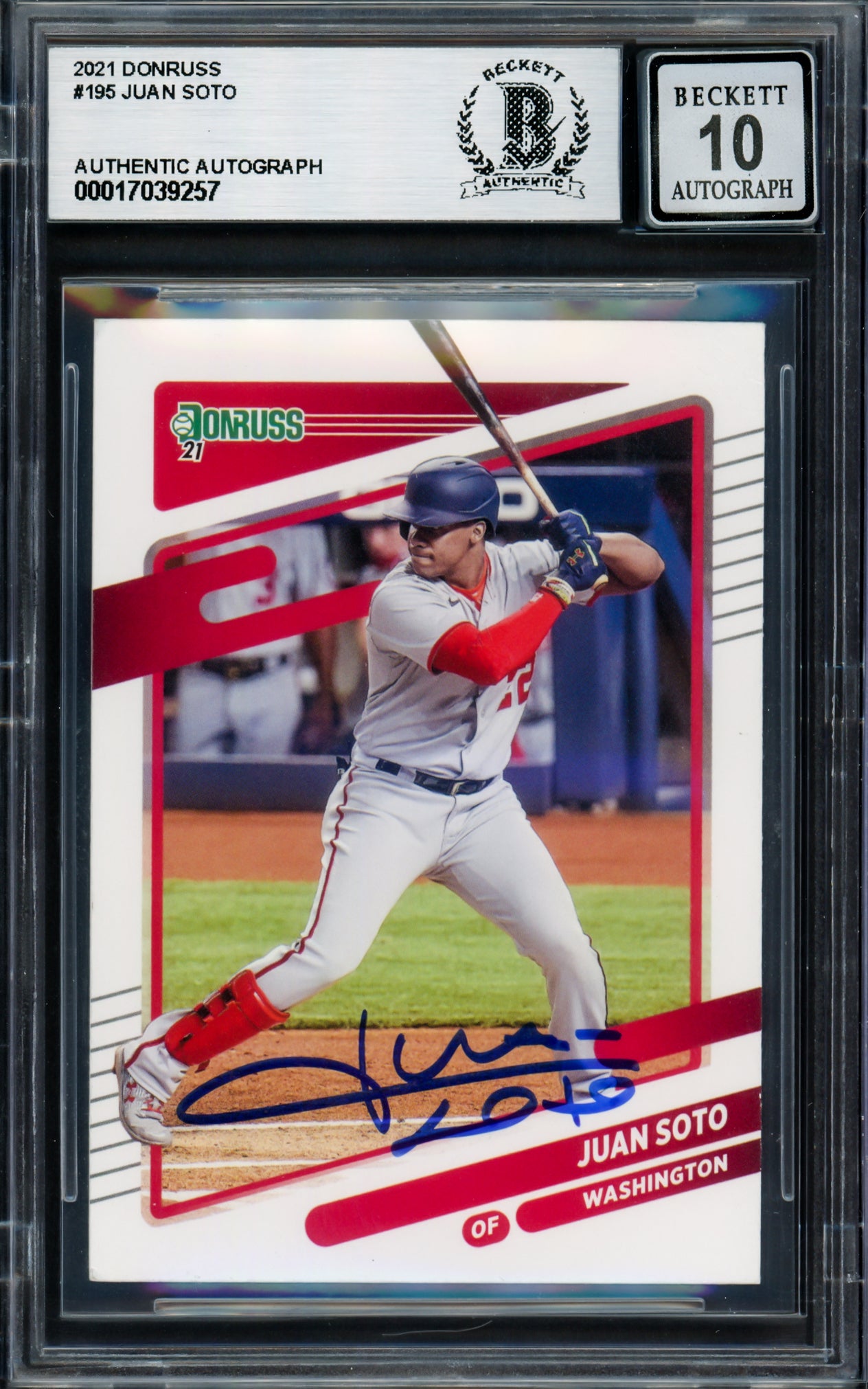 Juan Soto Autographed 2021 Donruss Card #195 New York Mets Auto Grade Gem Mint 10 Beckett BAS #17039257