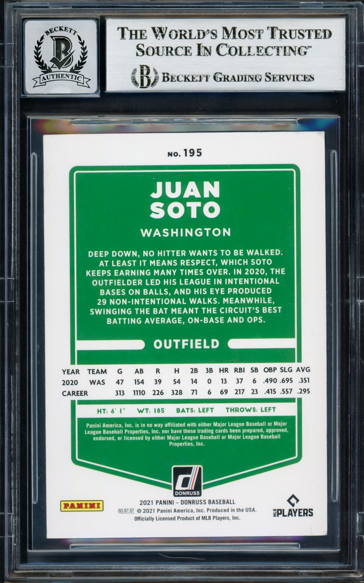 Juan Soto Autographed 2021 Donruss Card #195 New York Mets Auto Grade Gem Mint 10 Beckett BAS #17039257