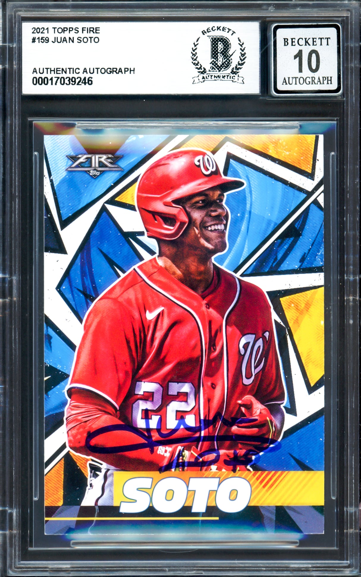 Juan Soto Autographed 2021 Topps Fire Card #159 New York Yankees Auto Grade Gem Mint 10 Beckett BAS #17039246
