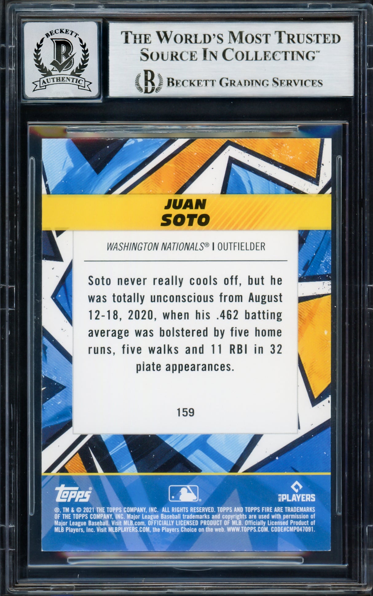Juan Soto Autographed 2021 Topps Fire Card #159 New York Yankees Auto Grade Gem Mint 10 Beckett BAS #17039246