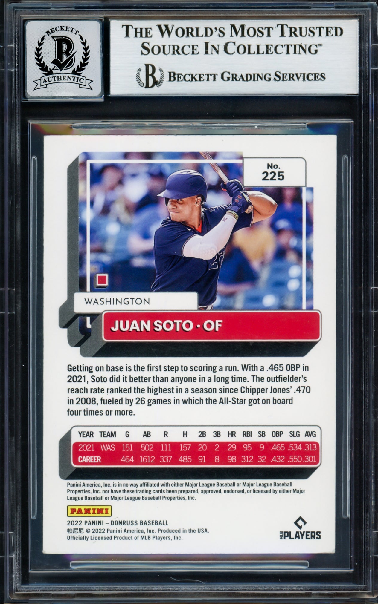 Juan Soto Autographed 2022 Donruss Variations Card #225 New York Mets Auto Grade Gem Mint 10 Beckett BAS #17150209
