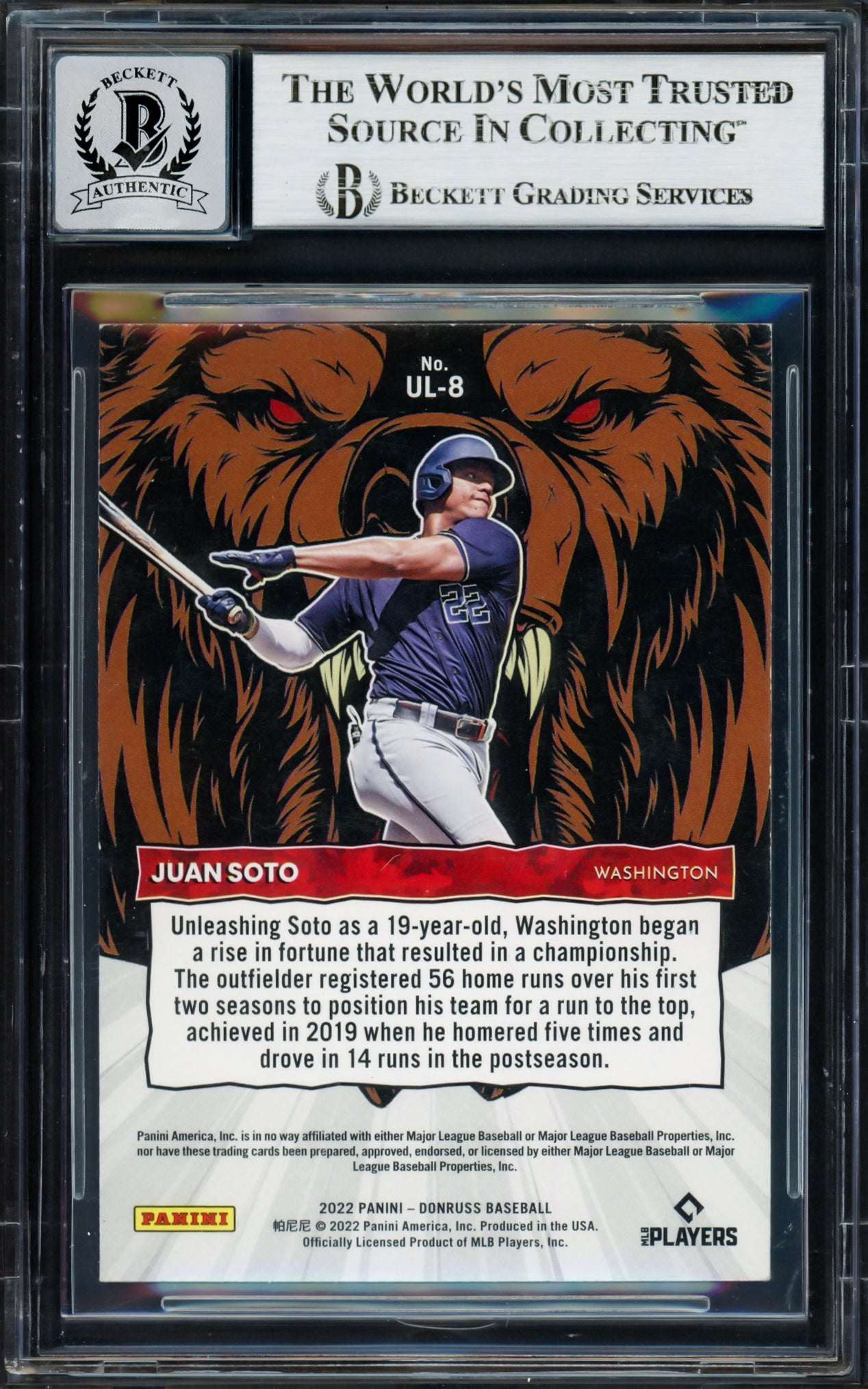 Juan Soto Autographed 2022 Donruss Unleashed Card #UL8 New York Mets Auto Grade Gem Mint 10 Beckett BAS #17039298