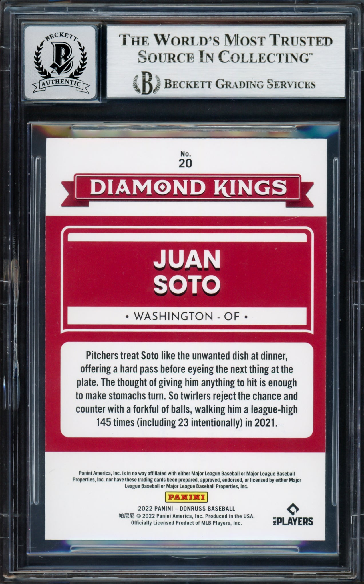 Juan Soto Autographed 2022 Donruss Purple Diamond Kings Card #20 New York Mets Auto Grade Gem Mint 10 Beckett BAS #17039241