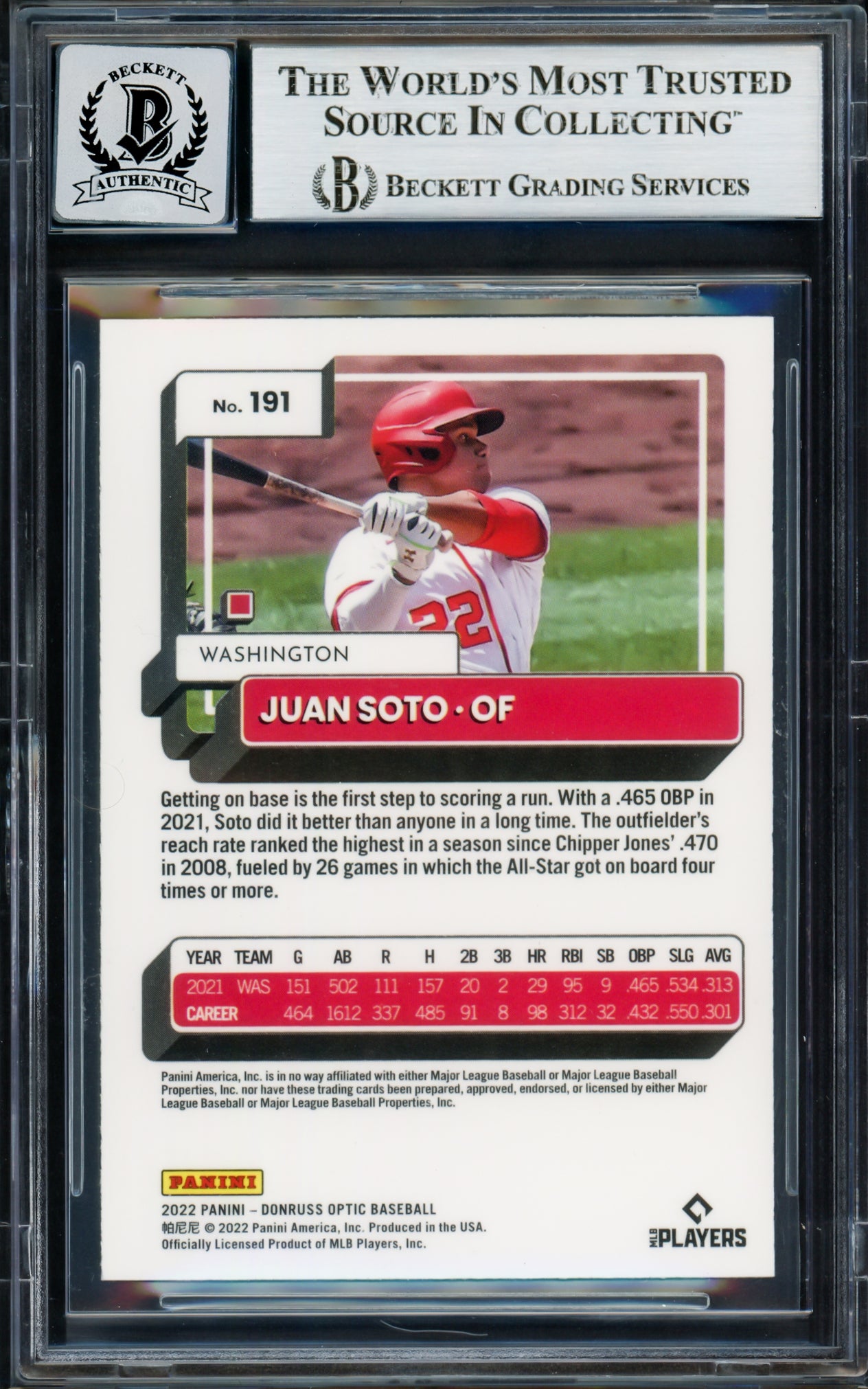 Juan Soto Autographed 2022 Donruss Optic Card #191 New York Mets Auto Grade Gem Mint 10 Beckett BAS #17039240