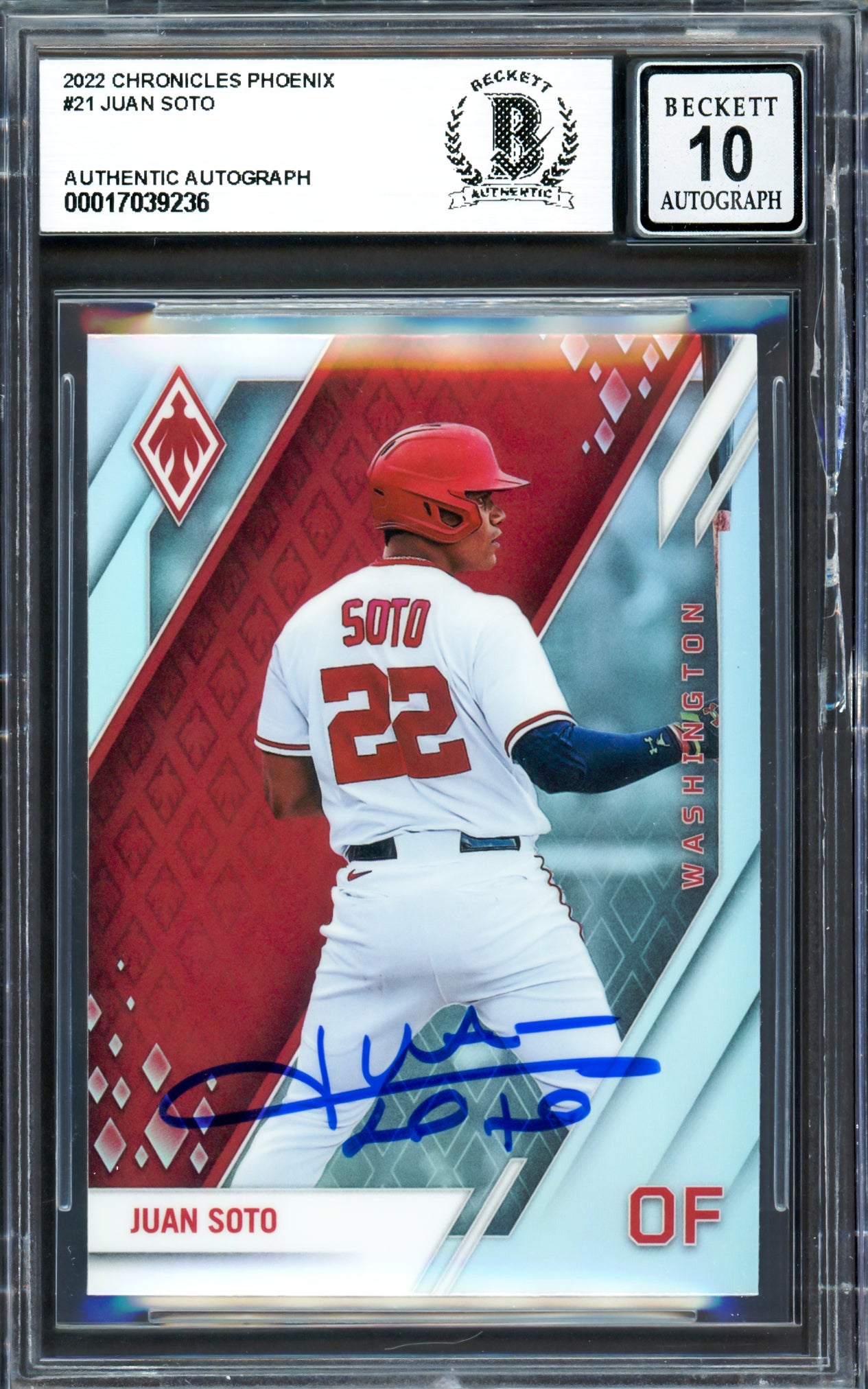 Juan Soto Autographed 2022 Panini Phoenix Card #21 New York Mets Auto Grade Gem Mint 10 Beckett BAS #17039236