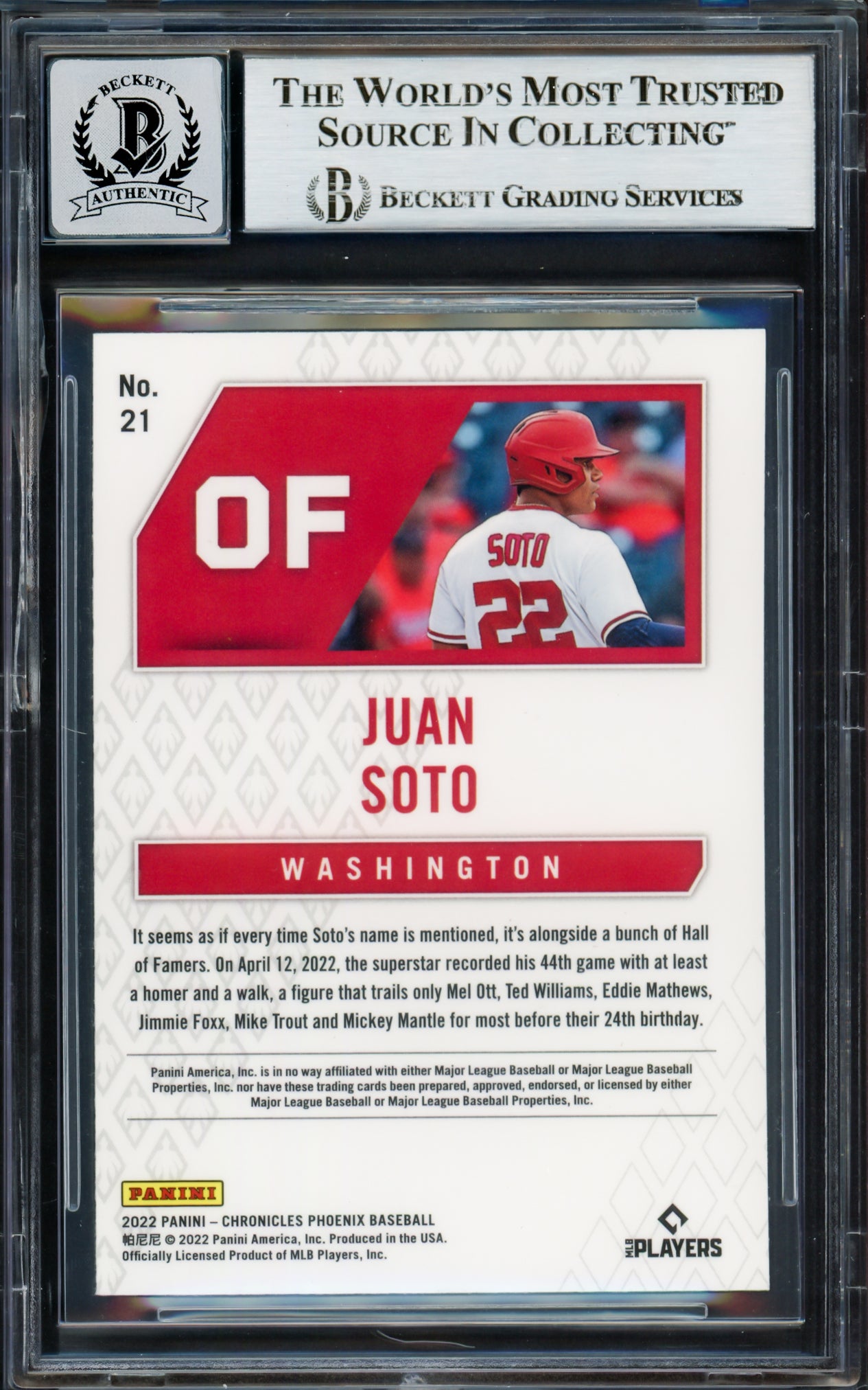 Juan Soto Autographed 2022 Panini Phoenix Card #21 New York Mets Auto Grade Gem Mint 10 Beckett BAS #17039236
