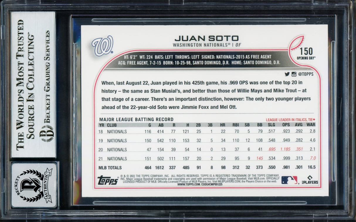 Juan Soto Autographed 2022 Topps Opening Day Card #150 New York Mets Auto Grade Gem Mint 10 Beckett BAS #17039164