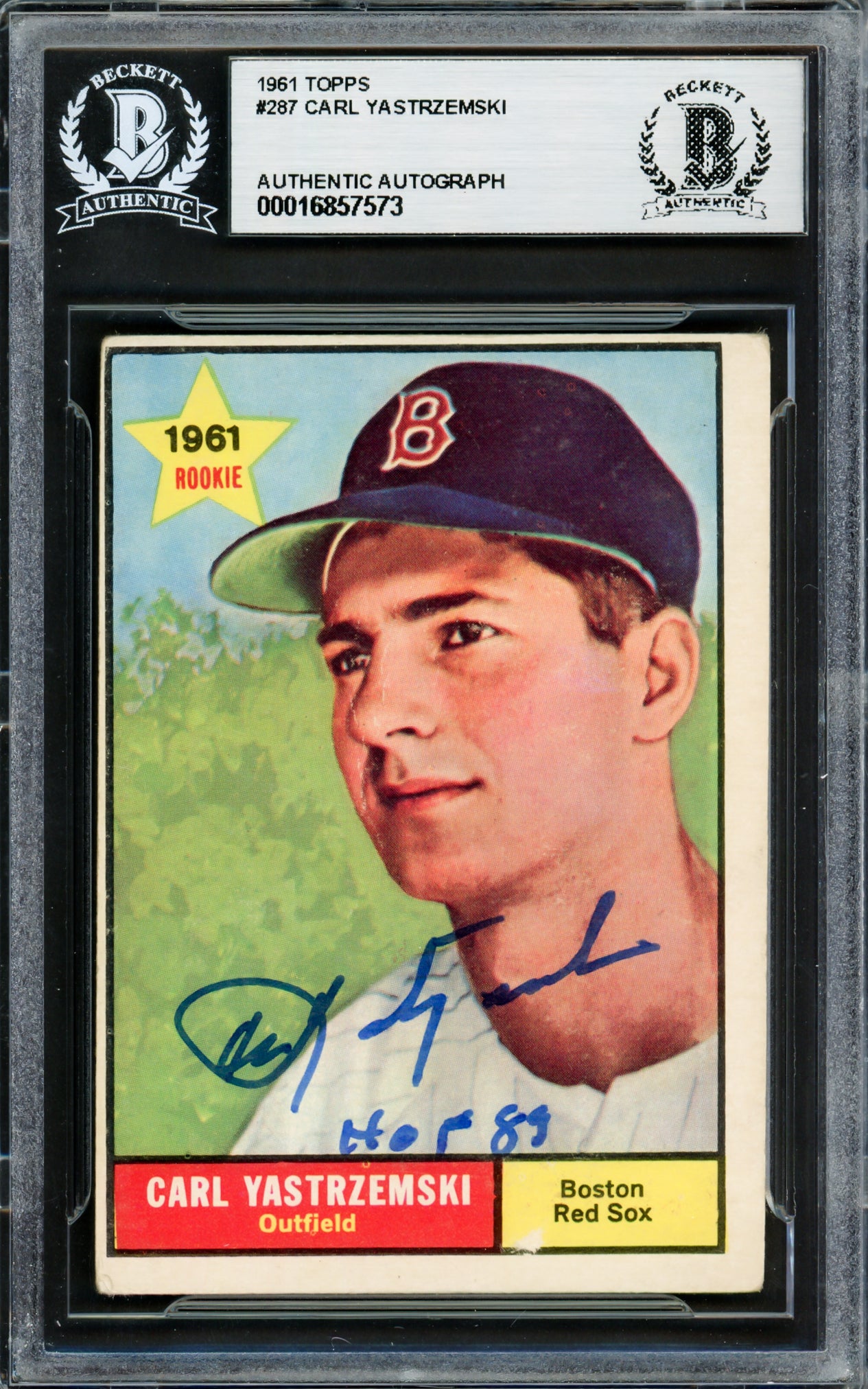 Carl Yastrzemski Autographed 1961 Topps Card #287 Boston Red Sox "HOF 89" Beckett BAS #16857573