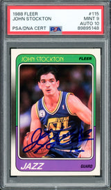 John Stockton Autographed 1988 Fleer Rookie Card #115 Utah Jazz PSA 9 Auto Grade Gem Mint 10 PSA/DNA #89895148
