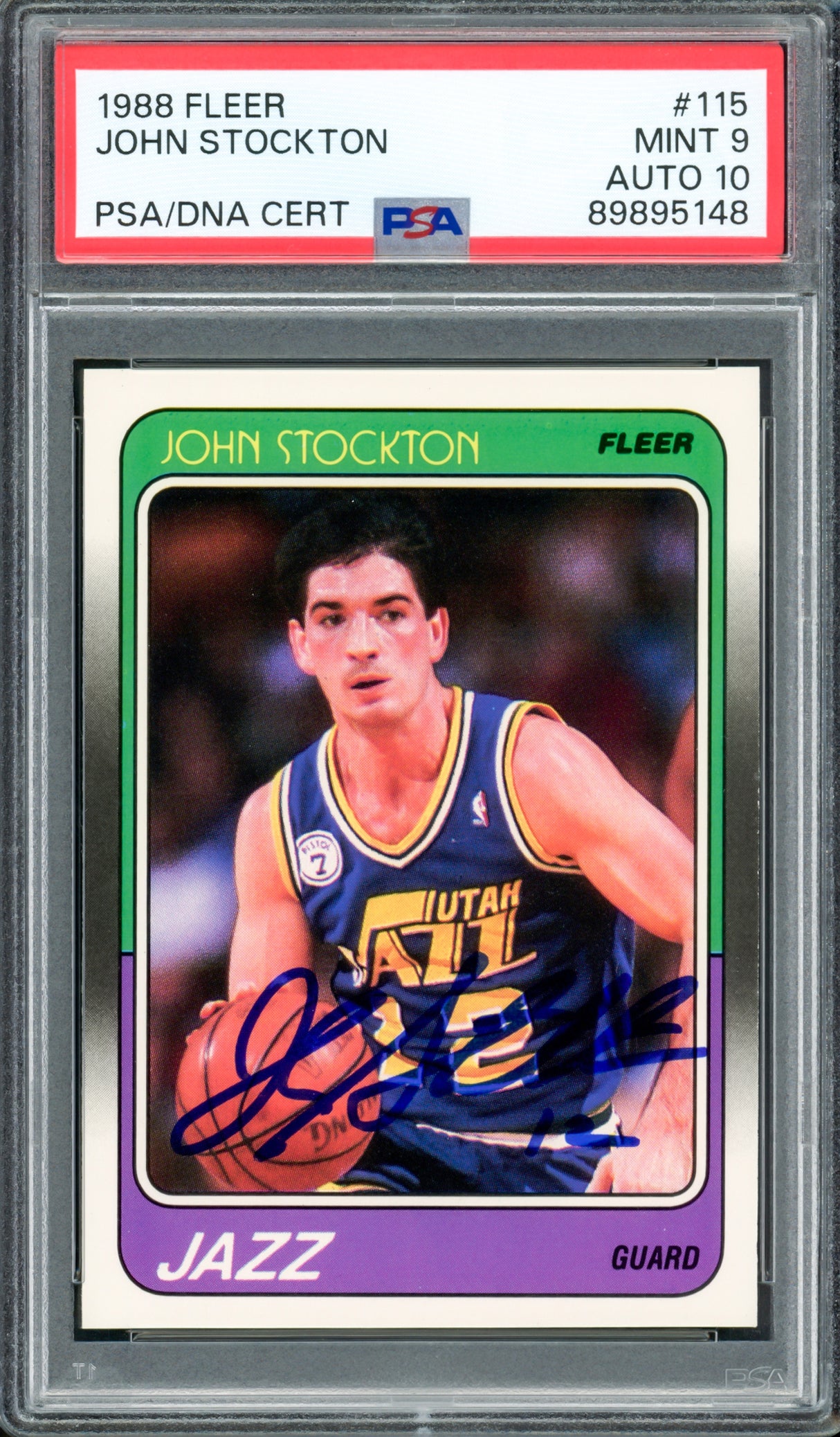 John Stockton Autographed 1988 Fleer Rookie Card #115 Utah Jazz PSA 9 Auto Grade Gem Mint 10 PSA/DNA #89895148