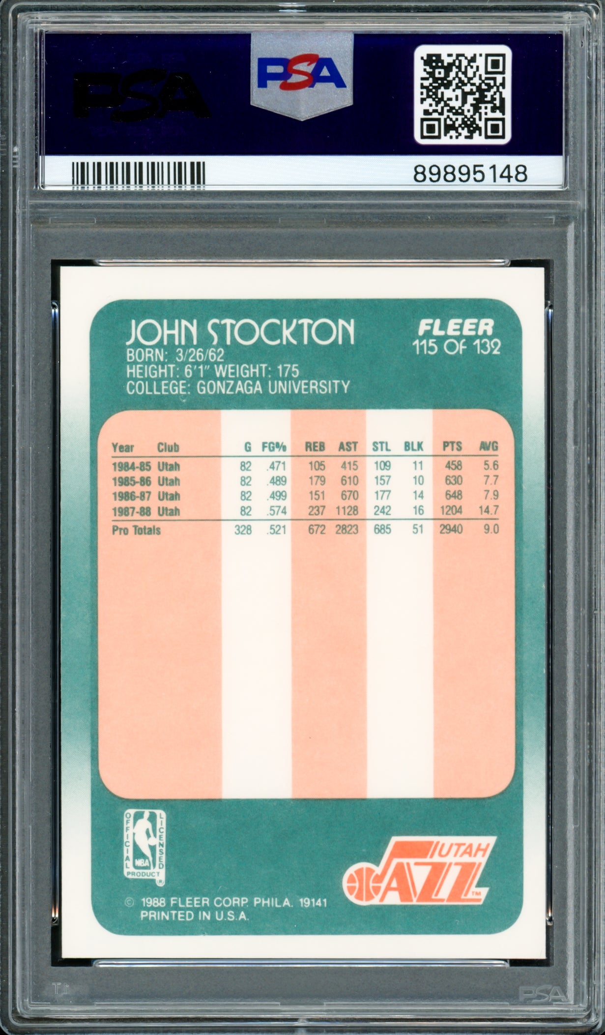 John Stockton Autographed 1988 Fleer Rookie Card #115 Utah Jazz PSA 9 Auto Grade Gem Mint 10 PSA/DNA #89895148