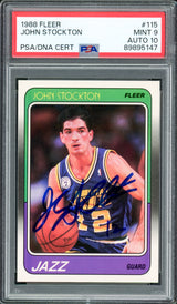 John Stockton Autographed 1988 Fleer Rookie Card #115 Utah Jazz PSA 9 Auto Grade Gem Mint 10 PSA/DNA #89895147