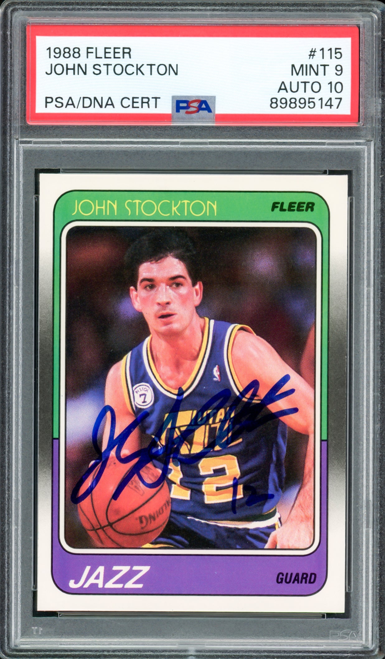 John Stockton Autographed 1988 Fleer Rookie Card #115 Utah Jazz PSA 9 Auto Grade Gem Mint 10 PSA/DNA #89895147