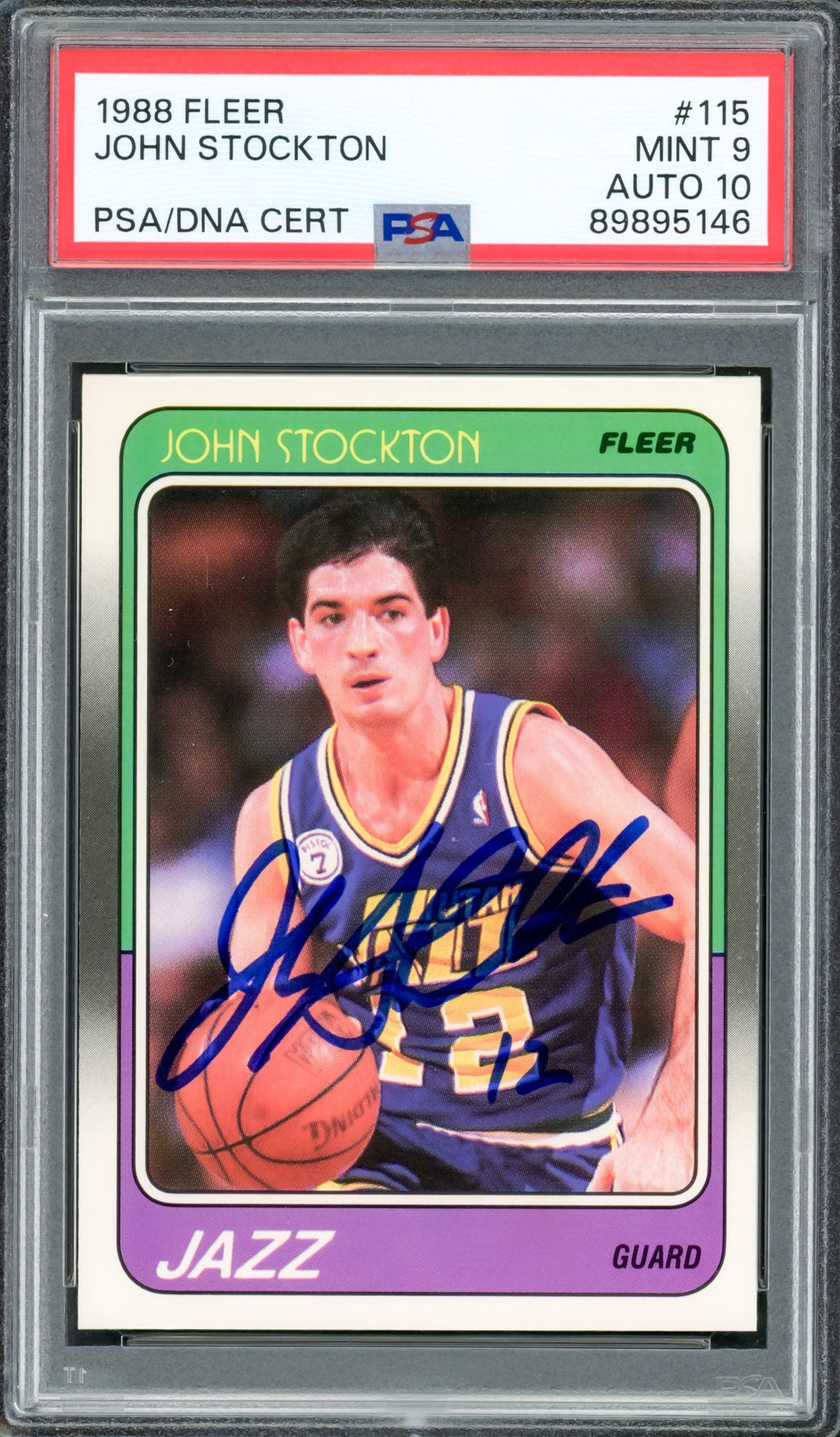 John Stockton Autographed 1988 Fleer Rookie Card #115 Utah Jazz PSA 9 Auto Grade Gem Mint 10 PSA/DNA #89895146
