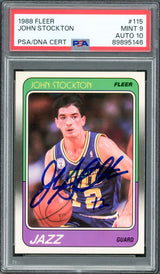 John Stockton Autographed 1988 Fleer Rookie Card #115 Utah Jazz PSA 9 Auto Grade Gem Mint 10 PSA/DNA #89895146