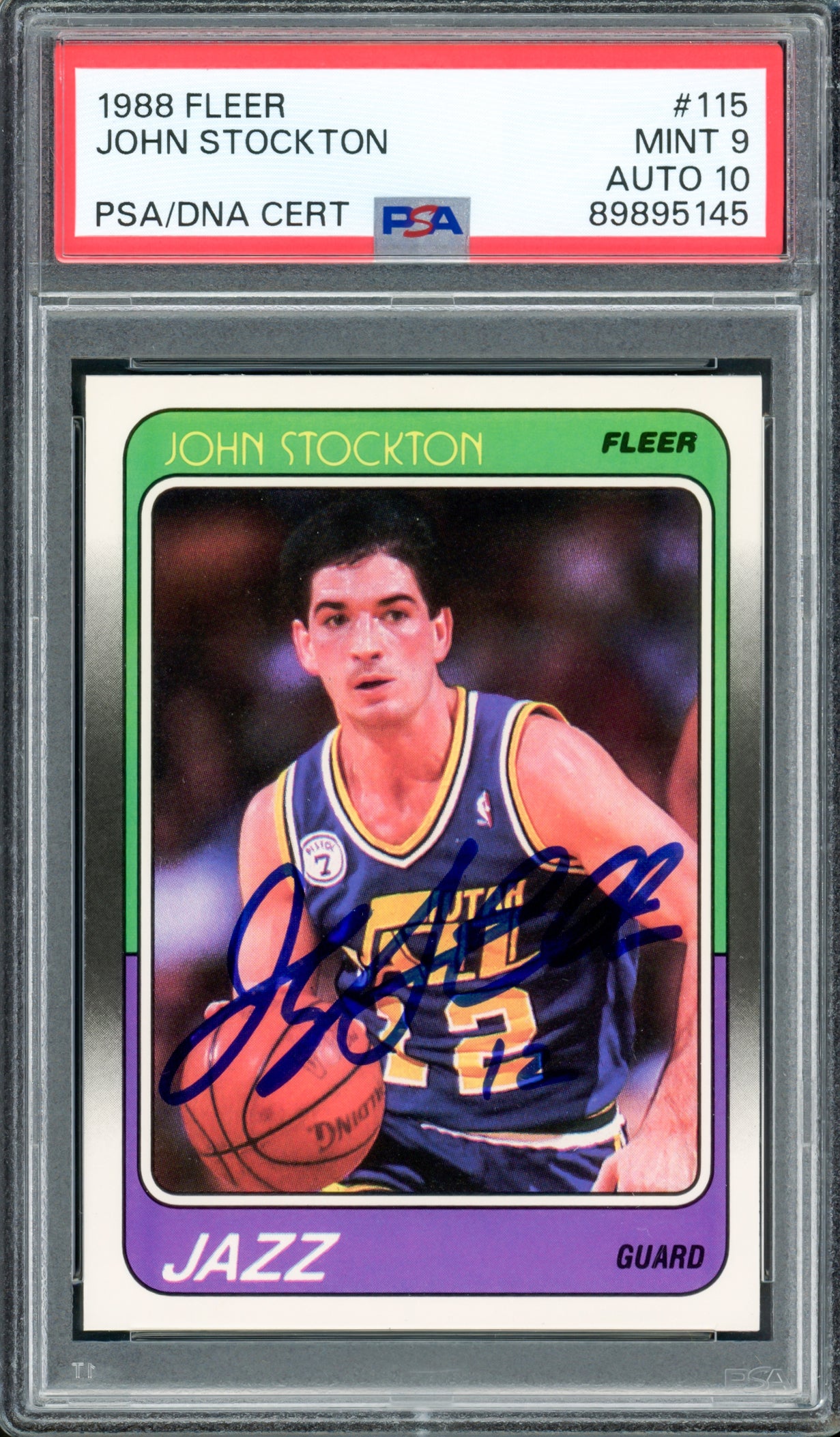 John Stockton Autographed 1988 Fleer Rookie Card #115 Utah Jazz PSA 9 Auto Grade Gem Mint 10 PSA/DNA #89895145