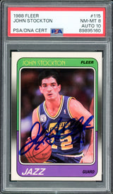 John Stockton Autographed 1988 Fleer Rookie Card #115 Utah Jazz PSA 8 Auto Grade Gem Mint 10 PSA/DNA #89895160