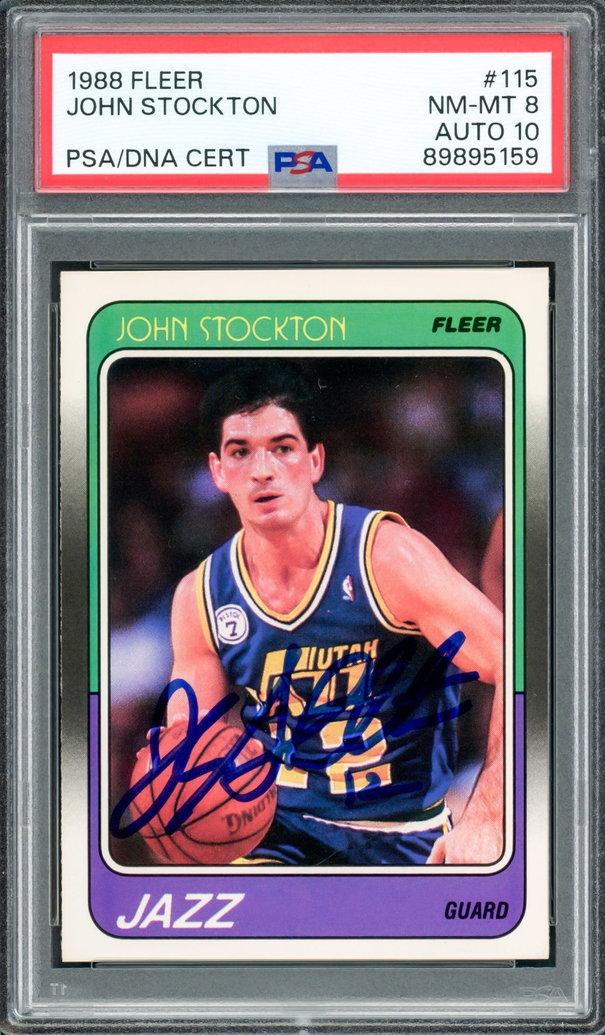 John Stockton Autographed 1988 Fleer Rookie Card #115 Utah Jazz PSA 8 Auto Grade Gem Mint 10 PSA/DNA #89895159