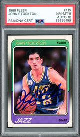 John Stockton Autographed 1988 Fleer Rookie Card #115 Utah Jazz PSA 8 Auto Grade Gem Mint 10 PSA/DNA #89895159