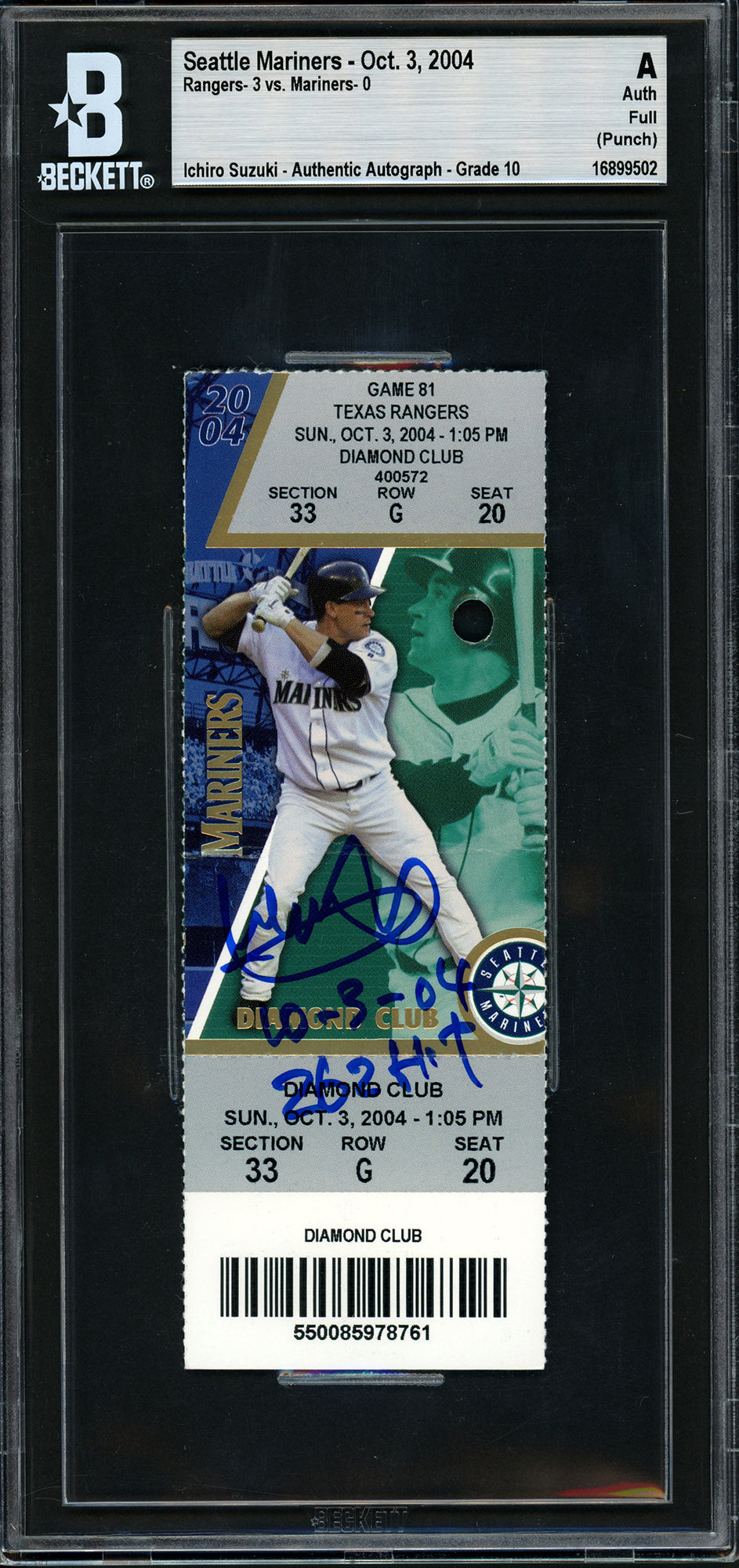 Ichiro Suzuki Autographed October 3rd, 2004 Ticket Seattle Mariners Auto Grade Gem Mint 10 "10-3-04 262 Hit" MLB Record Beckett BAS #16899502