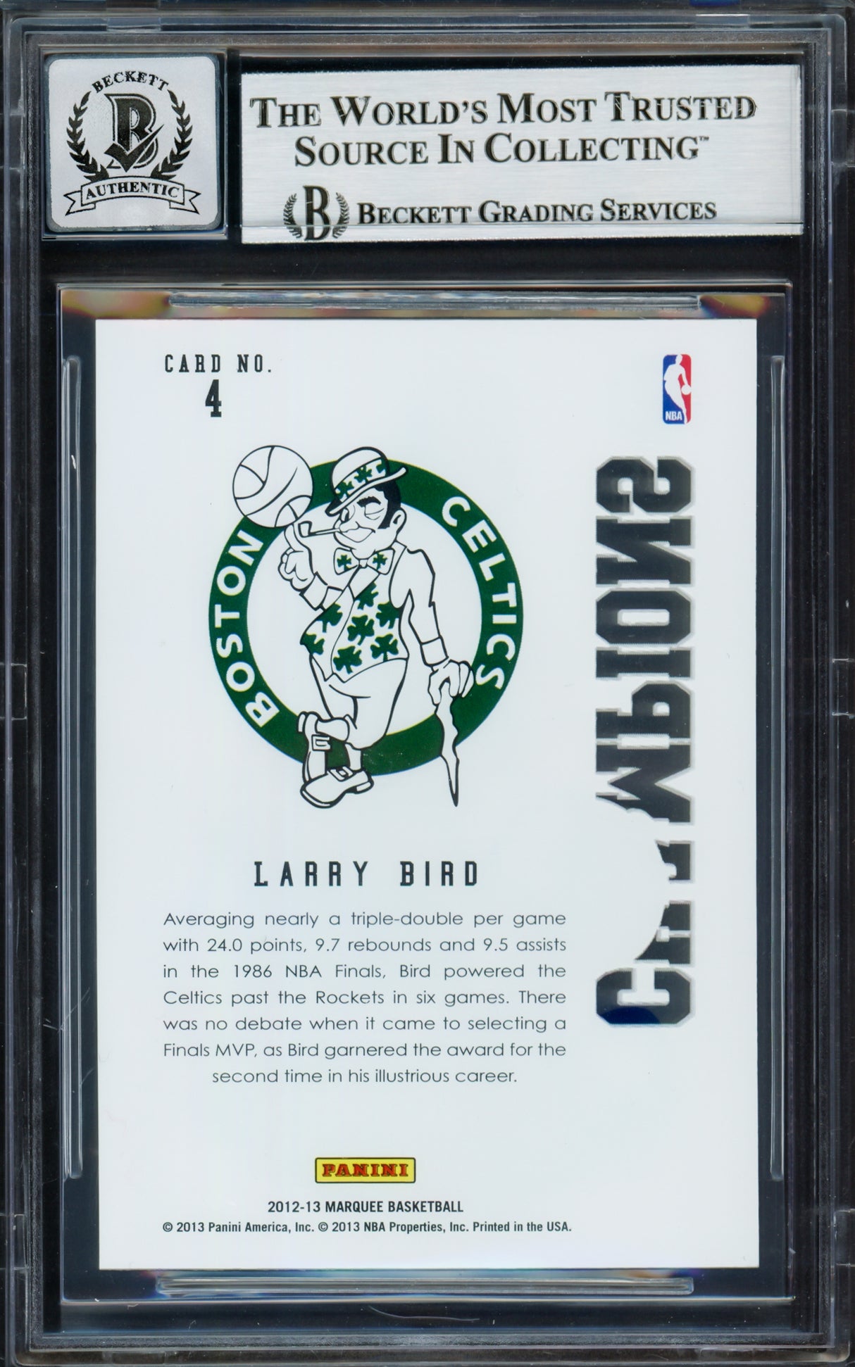 Larry Bird Autographed 2012-13 Panini Marquee Champions Card #4 Card Boston Celtics Auto Grade Gem Mint 10 Beckett BAS Witness Stock #235037