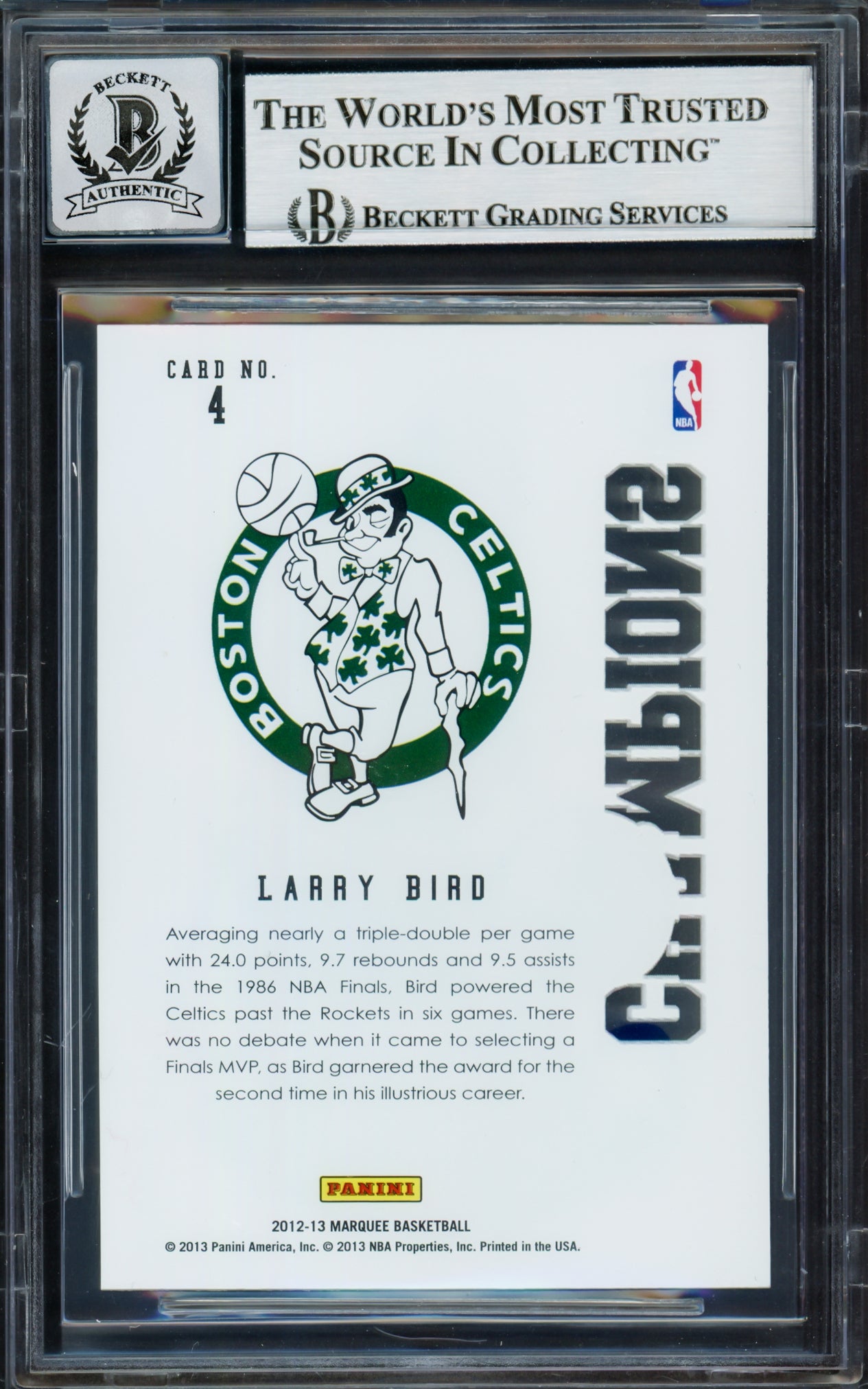 Larry Bird Autographed 2012-13 Panini Marquee Champions Card #4 Card Boston Celtics Auto Grade Gem Mint 10 Beckett BAS Witness Stock #235037
