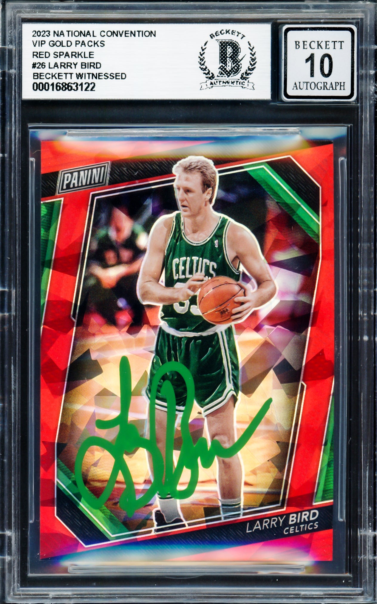 Larry Bird Autographed 2023 Panini Prizm National Convention VIP Gold Packs Red Sparkle Card #26 Card Boston Celtics Auto Grade Gem Mint 10 #/199 Beckett BAS Witness Stock #235039