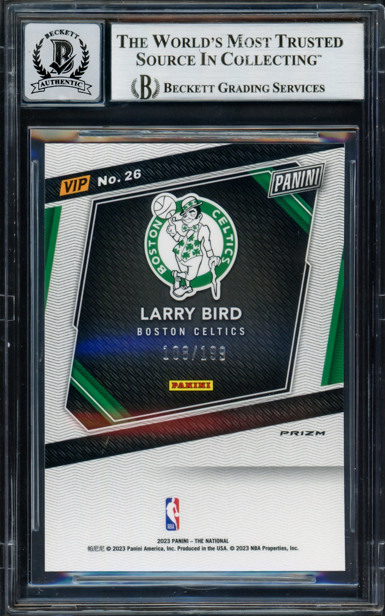 Larry Bird Autographed 2023 Panini Prizm National Convention VIP Gold Packs Red Sparkle Card #26 Card Boston Celtics Auto Grade Gem Mint 10 #/199 Beckett BAS Witness Stock #235039