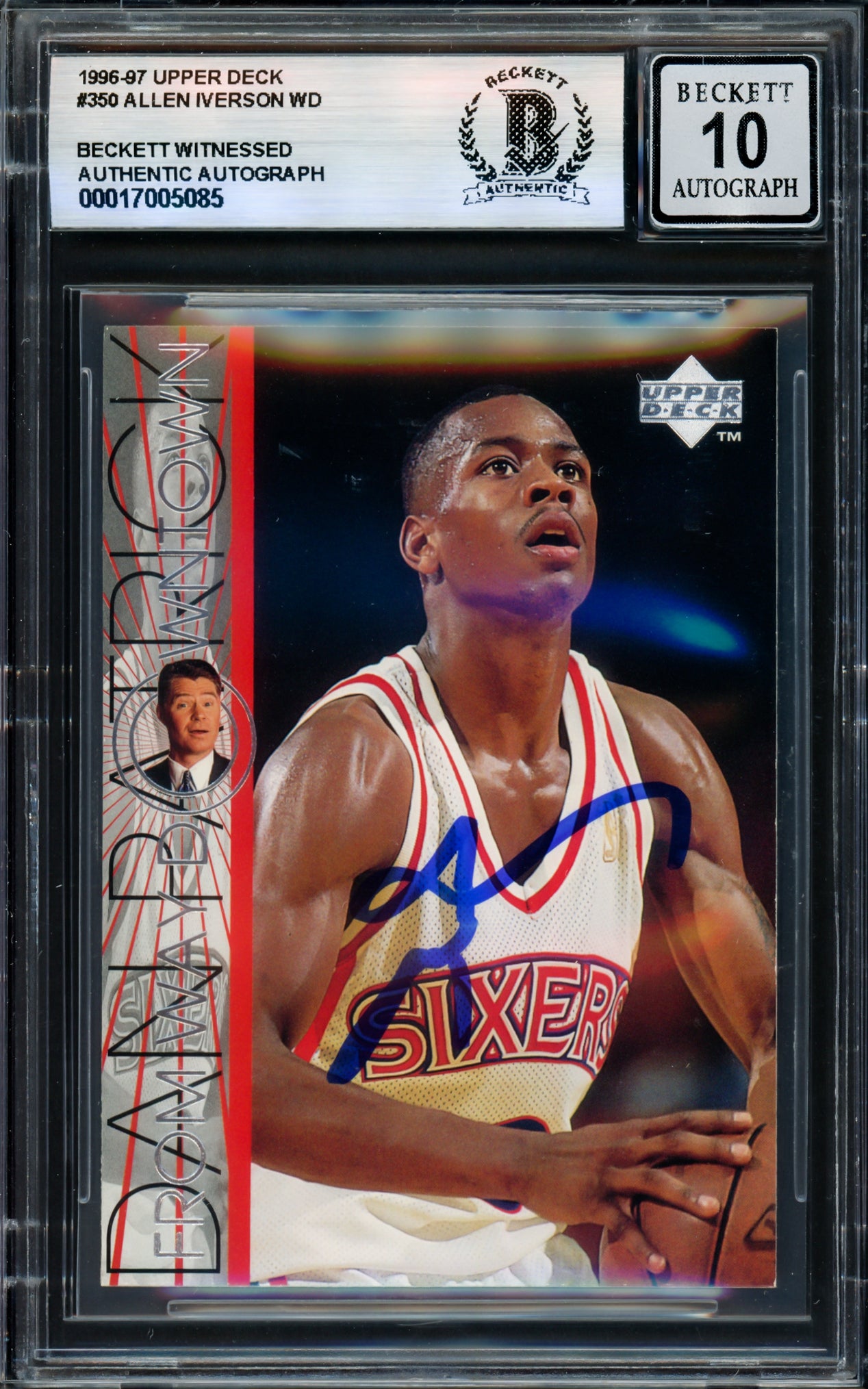 Allen Iverson Autographed 1996-97 Upper Deck Rookie Card #350 Card Philadelphia 76ers Auto Grade Gem Mint 10 Beckett BAS Witness Stock #235044