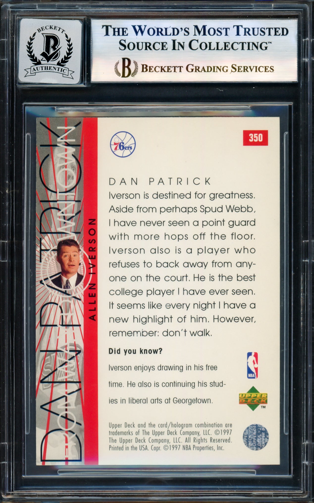 Allen Iverson Autographed 1996-97 Upper Deck Rookie Card #350 Card Philadelphia 76ers Auto Grade Gem Mint 10 Beckett BAS Witness Stock #235044