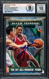 Allen Iverson Autographed 1997 Score Board Rookies Rookie Card #73 Card Philadelphia 76ers Auto Grade Gem Mint 10 Beckett BAS Witness Stock #235046