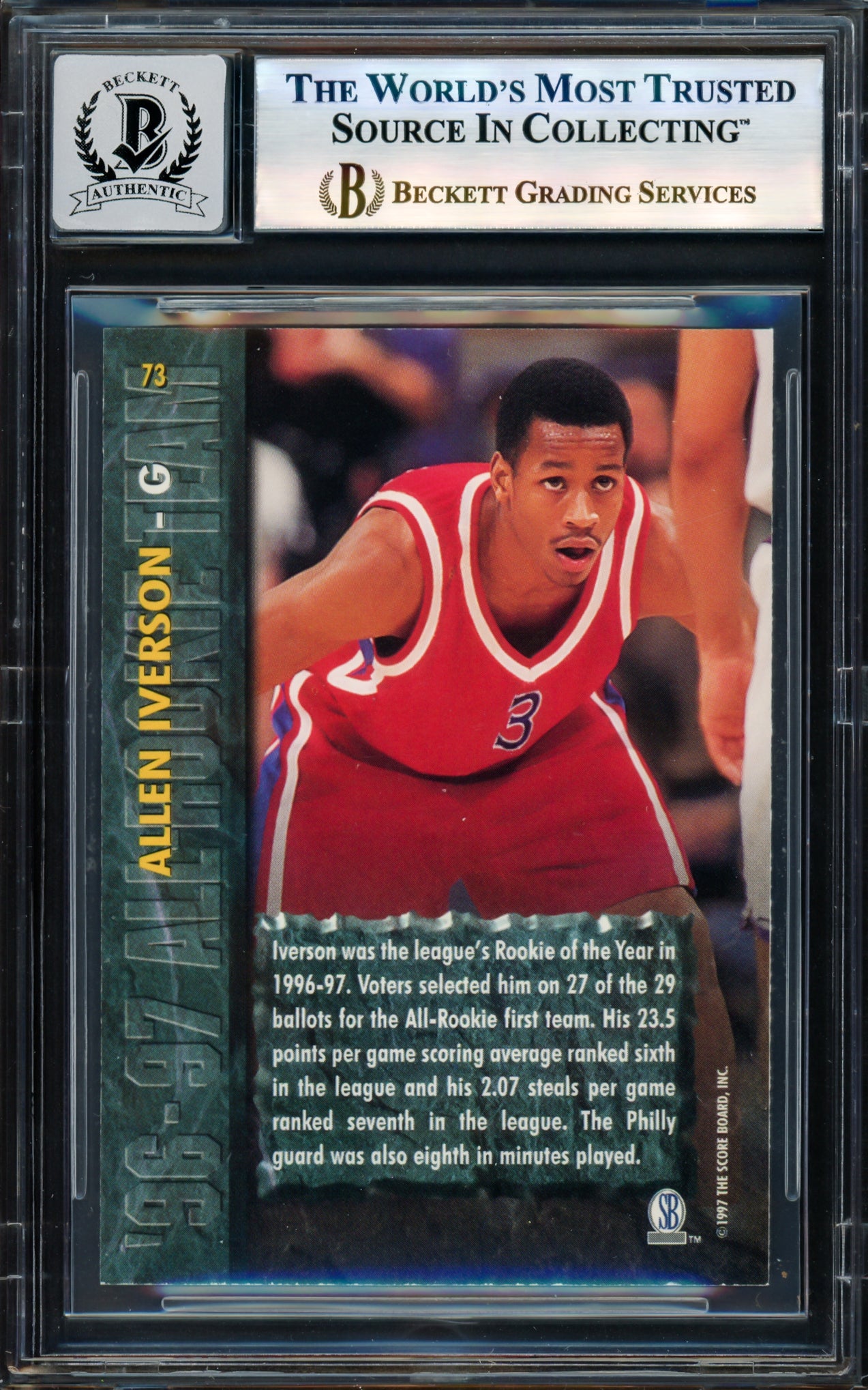 Allen Iverson Autographed 1997 Score Board Rookies Rookie Card #73 Card Philadelphia 76ers Auto Grade Gem Mint 10 Beckett BAS Witness Stock #235046